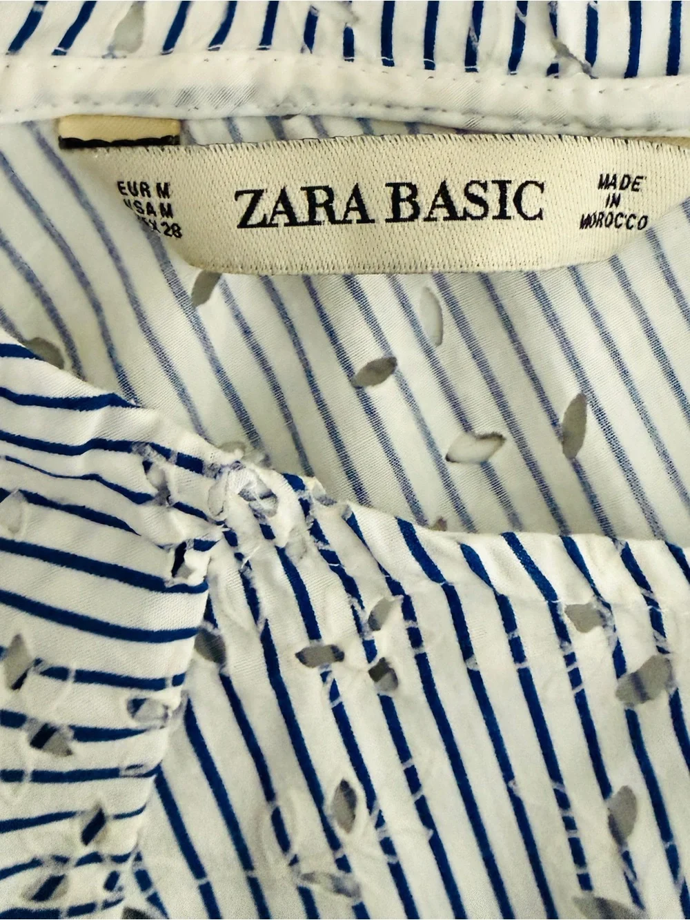 Zara Women's Navy & White Eyelet Striped Ruffled Neck Blouse Size M